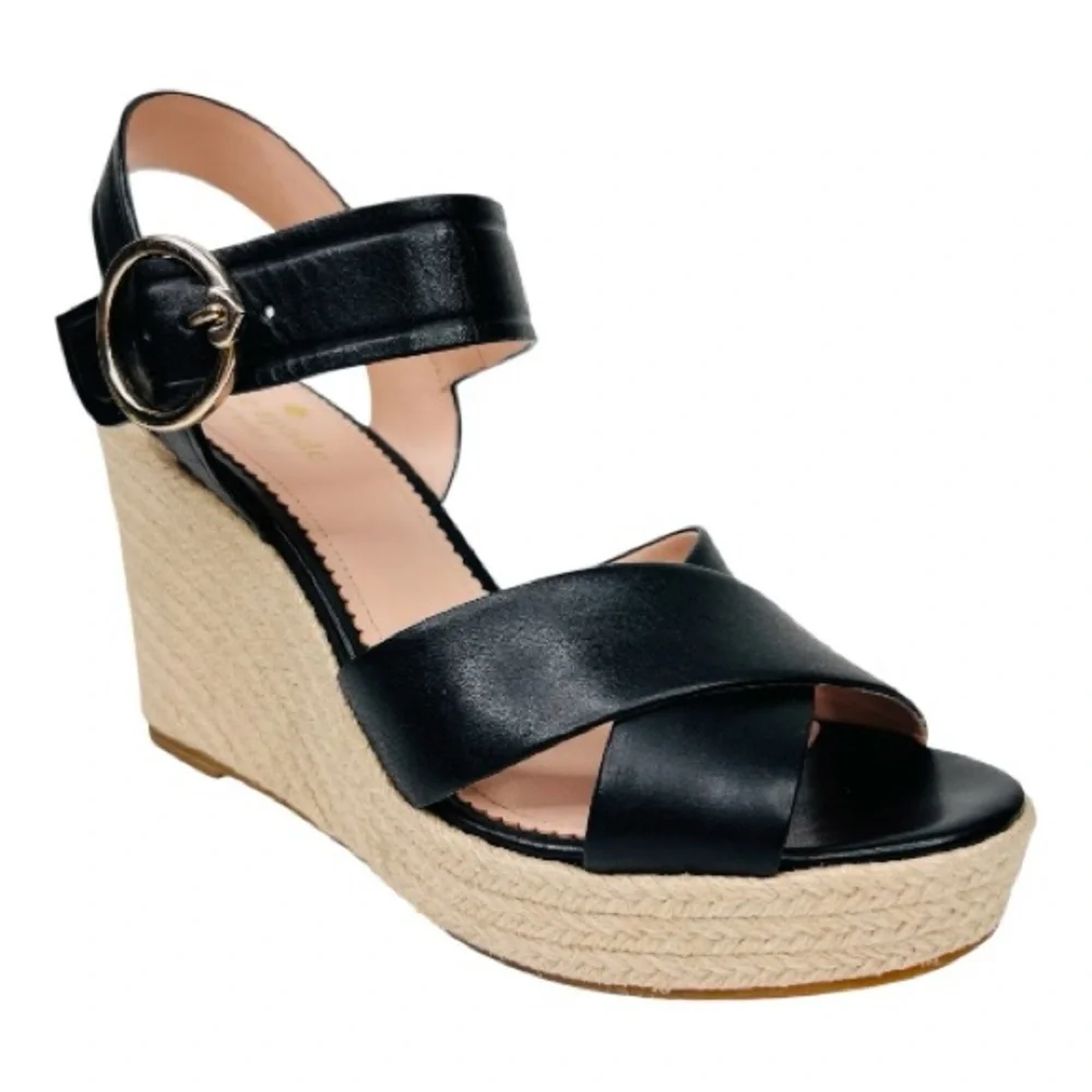 Kate Spade Black Leather Della Strappy Espadrille Wedge Sandals